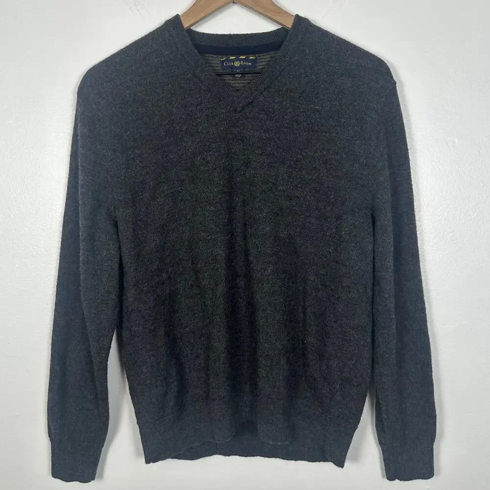 Club Room Mens V-Neck Merino Wool Blend Long Sleeve Dark Grey Sweater Medium